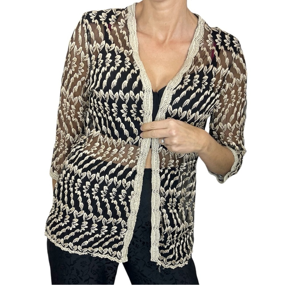 Vintage black mesh tan embroidered open front 3/4 sleeve cardigan